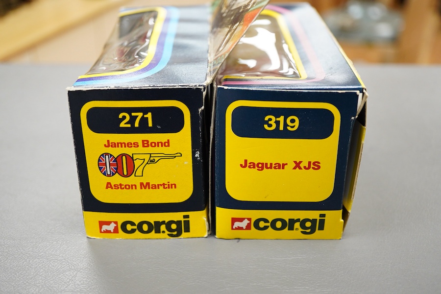 Two boxed 1970s Corgi Toys; a James Bond Aston Martin (261) in silver with passenger, together with a Jaguar XJS (319) in metallic red
